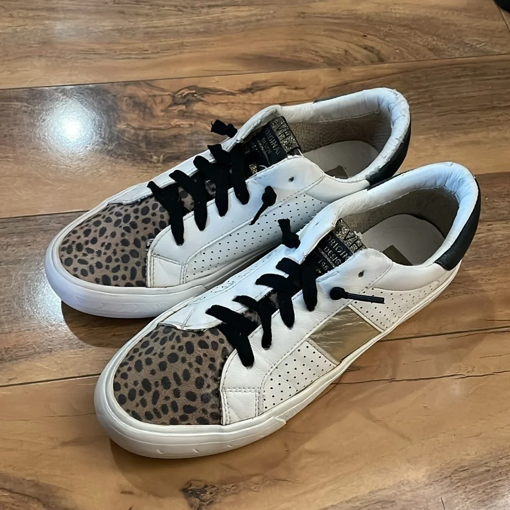Vintage Havana White Leather Sneaker Leopard Print Gold Sides Black Laces sz 8